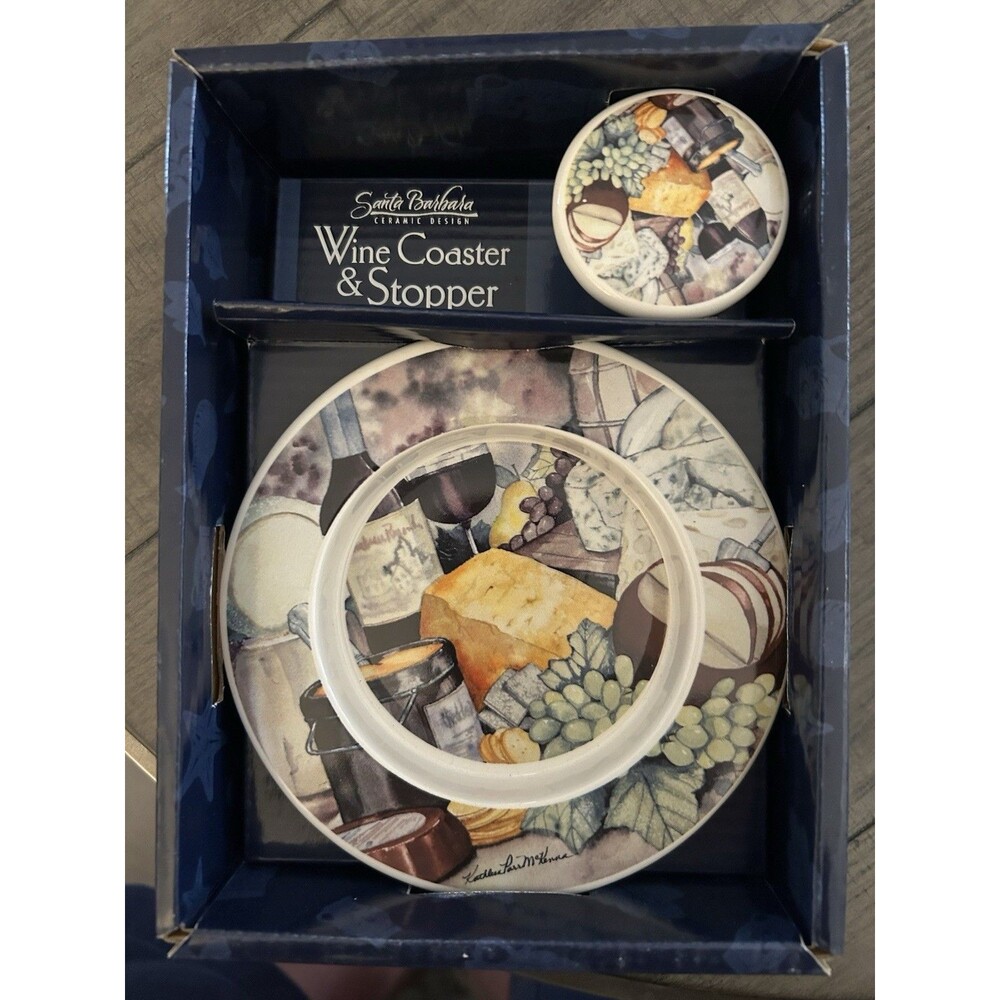Santa Barbara Ceramic Design Wine Coaster/Wine Stopper Set New In Box